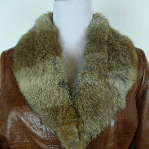 ARDEN B LEATHER brown blazer JACKET removable rabbit fur collar M fitted - Picture 5 of 12